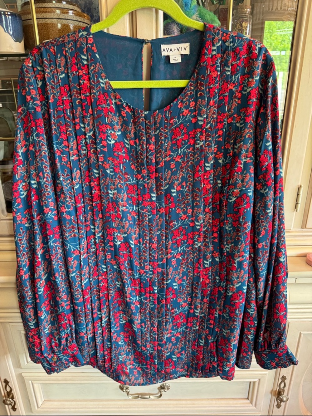 Ava & Viv Teal Blouse with Red Floral Pintucks
